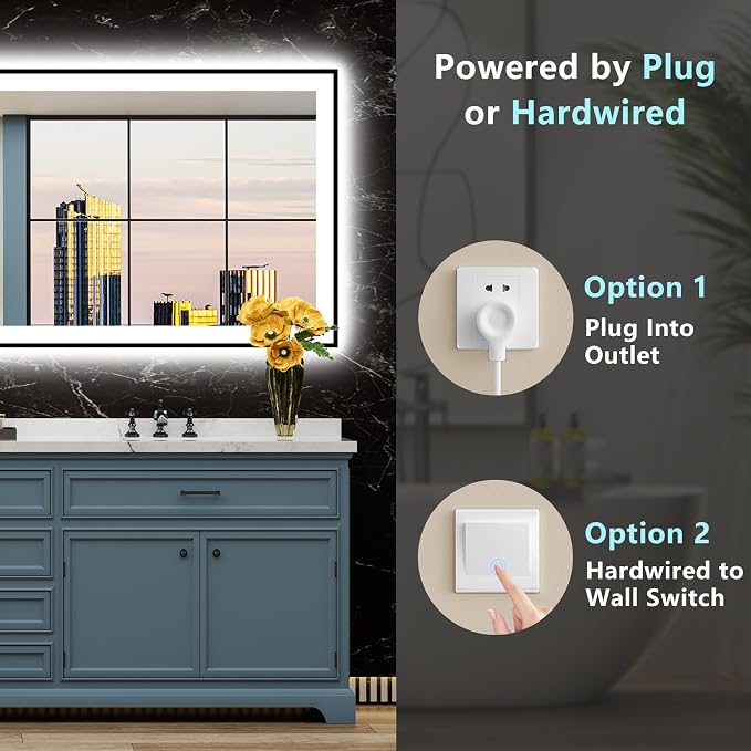 84x32 Black LED Bathroom Mirror, Backlit & Front Lit Lighted Mirror | Metal Framed Anti-Fog Vanity Mirror with Lights, 3 Color Dimmable, Memory, HD Tempered Glass, CRI95, UL Listed, Wall Mounted