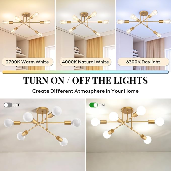 Modern Sputnik Chandelier Ceiling Light Fixtures, 6-Lights 22” Mid Century Industrial Metal Semi Flush Mount for Dining Room, Bedroom, Living Room-Gold
