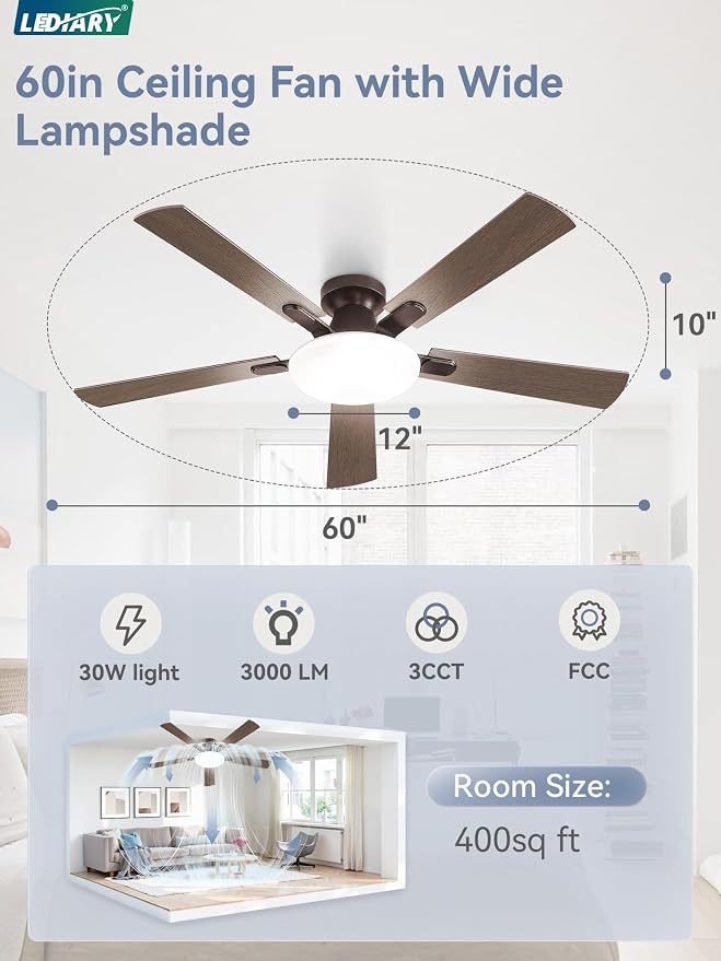 LEDIARY 60 Inch Flush Mount Ceiling Fans with Lights, Remote & APP Control | 3CCT,Stepless Dimmable,Memory Function,Timer,6-speed,Reversible Blade, Quiet DC Motor, Damp-Rated, Living Room, Covered Patio