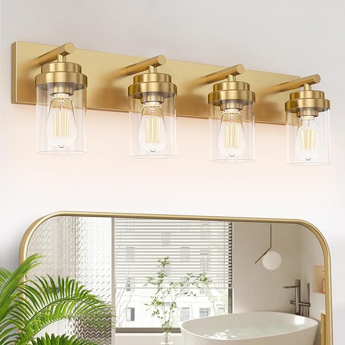 IZORRO Bathroom Vanity Light Fixture, 4-Light 30 Inch Gold Bathroom Light Fixtures Over Mirror, with Clear Glass Shade, Modern Farmhouse Vanity Lights, Rustic Restroom Lighting Fixtures