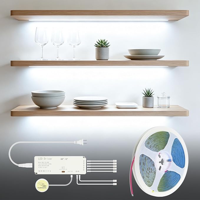 COB LED Shelf Lighting Cold White 12V Cabinet Light Plug in 16.4FT | 60W 7-in-1 Under Cabinet Lights，Touch Switch Dimmable，Flexible DIY Cuttable, 320LED/M LED Tape Light,for bookshelves pantry