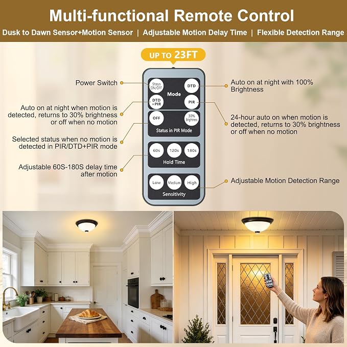 Outdoor Motion Sensor Flush Mount Ceiling Light with 6 Modes and 2 Bulbs | Dusk to Dawn Close to Ceiling Fixture with Remote Control, Suitable for Patio Garage Hallway and Outdoor Porch Lighting