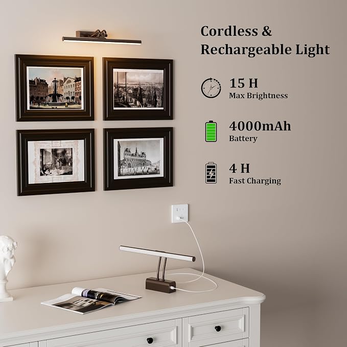 Picture Lights for Wall, 13.8in, Brown, 4000mAh, Rechargeable Remote | Magnetic LED Art Display Light with 3 Color Temperatures for Gallery, Living Room, Bedroom, Hallway, Wireless
