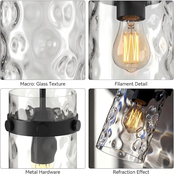 Modern Clear Wavy Glass Pendant Light 1 Pack - Thick Glass Adjustable E26 Hanging Lamp with Elegant Warm Glow for Kitchen Island, Dining Room & Hallway