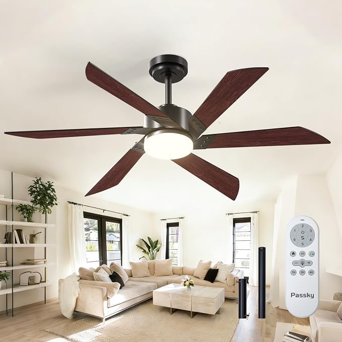 Passky 52 Inch Black Contemporary Ceiling Fans with Lights, Remote Control | 3CCT dimmable light, quiet DC motor, reversible airflow; black contemporary style for bedroom and living room