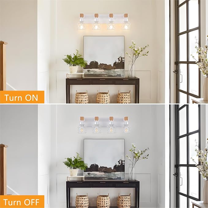 FadimiKoo 4-Light Farmhouse Vanity Lights for Bathroom, White Wood Bathroom Light Fixtures Over Mirror, Rustic Vanity Lights with Metal Shade, Bathroom Lighting for Living Room, Bedroom, Hallway