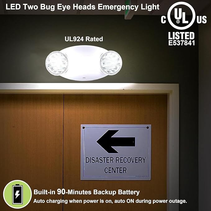 LIT-PaTH LED Emergency Lighting Fixtures with 2 LED Bug Eye Heads and Back Up Batteries- US Standard Exit Light, UL 924 and CEC Qualified, 120/277 Voltage, White, 4-Pack