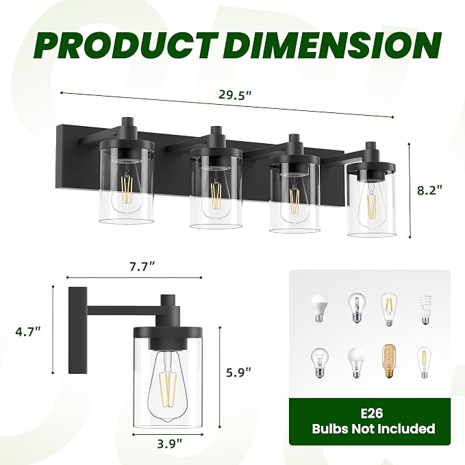 Bathroom Vanity Light, 4 Light Matte Black Light Fixture with Clear Glass Shade, 29 in Modern＆Farmhous Vanity Lights, Bathroom Light Fixtures Over Mirror for Bathrooms, Livingroom