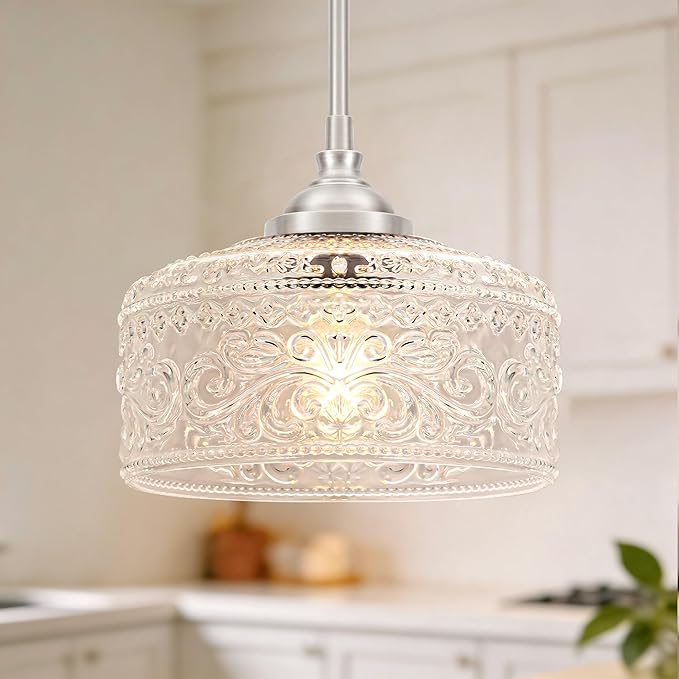 Modern Brushed Nickel Pendant Lights Kitchen Island, Bathroom Pendant Light with Clear Glass, Pendant Lighting over Island with Adjustable Rod, Farmhouse Hanging Light for Dining Room Hallway, E26