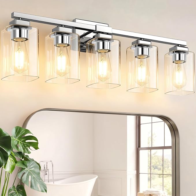 31” Bathroom Light Fixtures, 5-Light Vanity Light Chrome | Square Clear Glass & Durable Metal, Quick & Easy Installation, Standard E26 Socket, Bright Bathroom Lighting