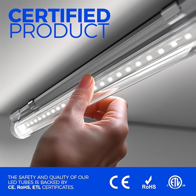 Barrina T8 LED Shop Lights 8FT, 100W 15000LM 5000K, 4 Pack, High Output | 8 Foot for Garage Workshop and Workbench Use, Easy Clip Ceiling Mount, Linkable to 3, V Shape, Aluminum, Clear Cover