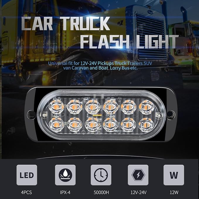 20 Pcs Aluminum LED Strobe Lights– Amber/White Dual-Color Warning Lights | 12 LEDs Per Light, 18 Flash & Steady Modes, IP65 Waterproof, Emergency Flashing Construction Caution Lights for Truck Car ATV