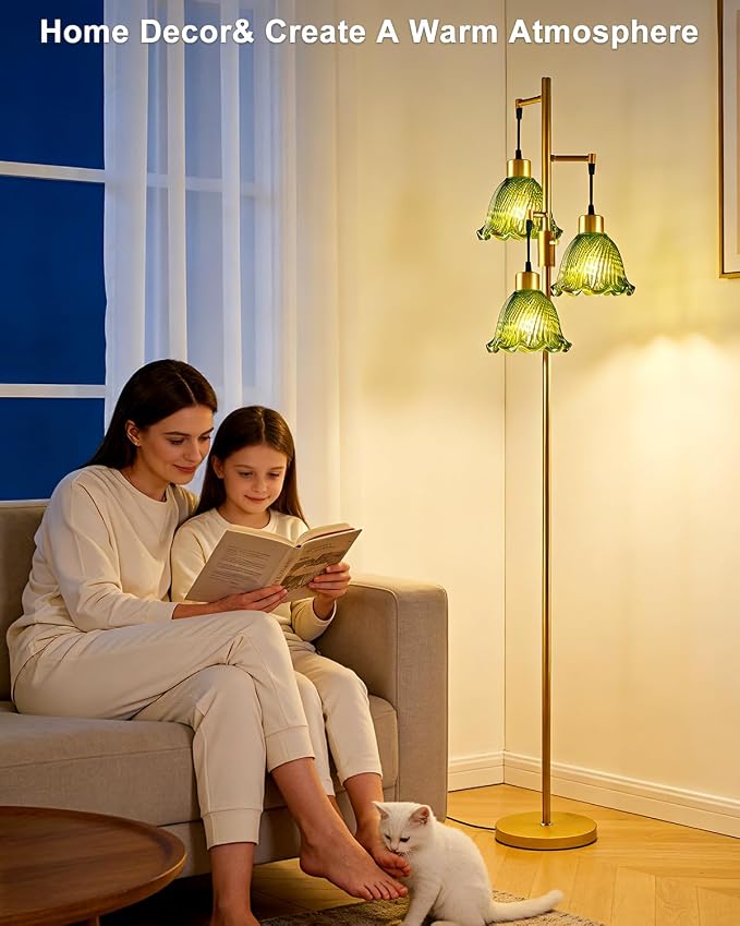 Lightdot Glass Floor Lamps for Living Room, 3-Light Dimmable Floor Lamp with Green Glass Shade& E12 Bulbs Included, Mid Century Standing Tall Lamp with 5Lbs Heavy Base for Bedroom/Sofa Beside-Gold