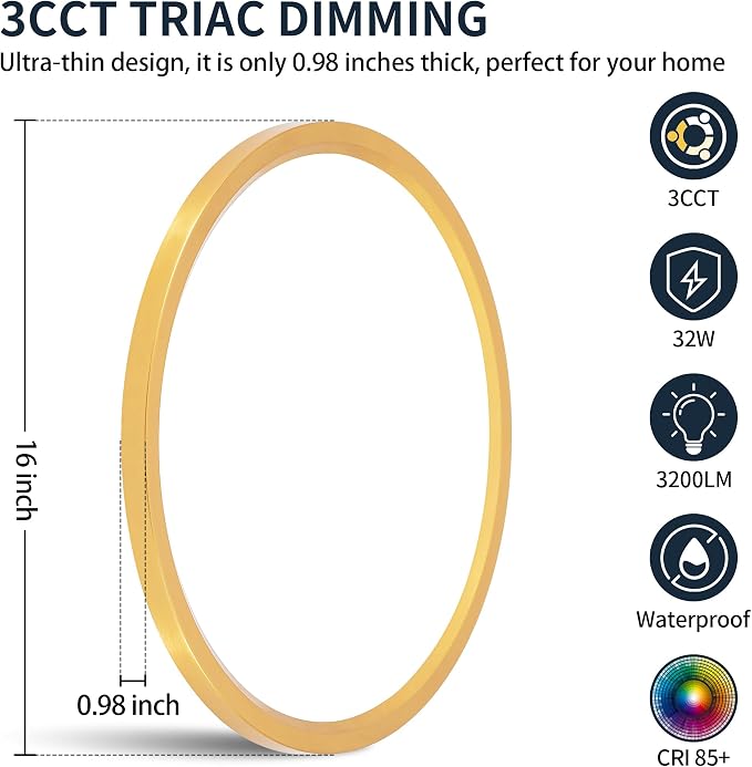 MOONSEA 16 Inch Flush Mount LED Kitchen Ceiling Light Fixture 32W Golden | 3000K/4000K/6500K , 3200LM Kitchen Light Fixtures, 0.98 in Low Profile Ceiling, Brightness Dimmable with Dimmer, Metal Frame