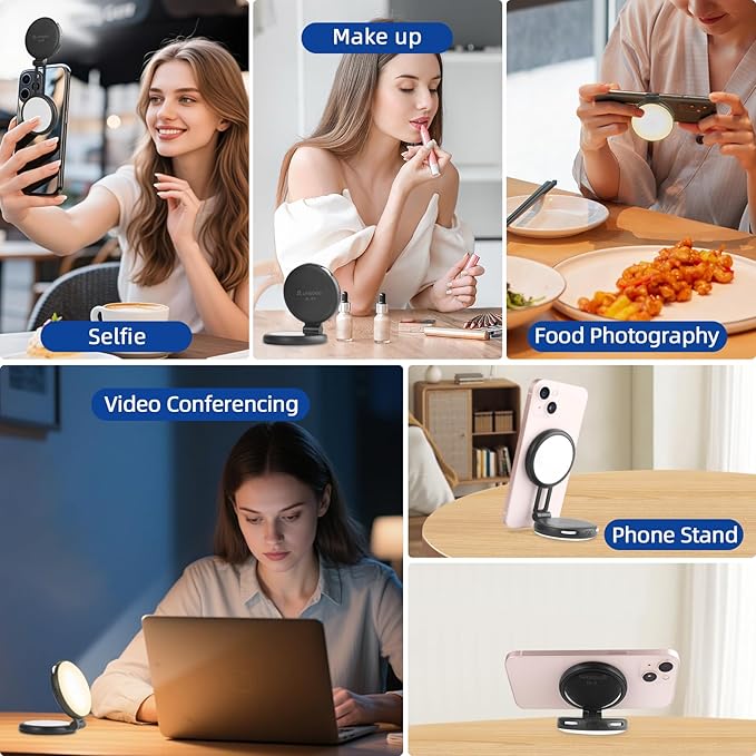 UEGOGO Magnetic Selfie Light with Mirror for iPhone, MagSafe Compatible LED Fill Light, CRI≥95, Foldable LED Phone Ring Light for Makeup, Photography, Video Calls & Vlogging