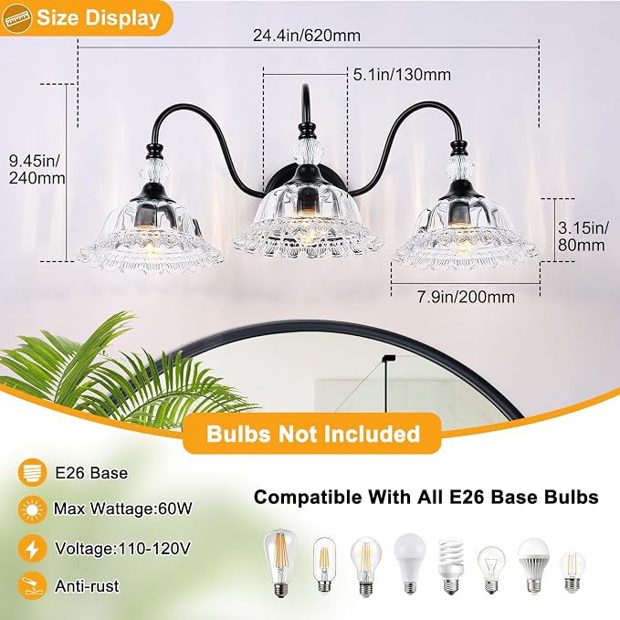 Vintage Bathroom Vanity Light Fixtures 3 Lights Matte Black Vanity Lights for Bathroom with Floral Crystal Glass Shades Wall Lighting Fixtures Over Mirror(Exclude E26 Bulb)