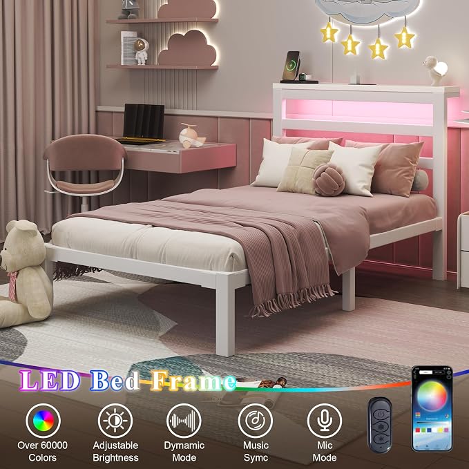 LOEWAY Twin Size Metal Bed Frame with Storage Headboard & LED Lights, White | Built-In Charging Station, Under-Bed Storage, Heavy Duty Metal Slats, No Box Spring Needed, Solid and Stable, Easy Assembly