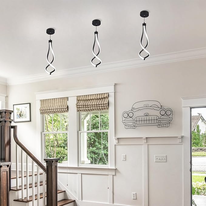 Spiral Led Pendant Lights 14W White 6000K Modern LED Pendant Light Fixture for Kitchen Island Stylish Black Chandelier for Kitchen Dining Room Bedroom Living Room Corridor Stairs