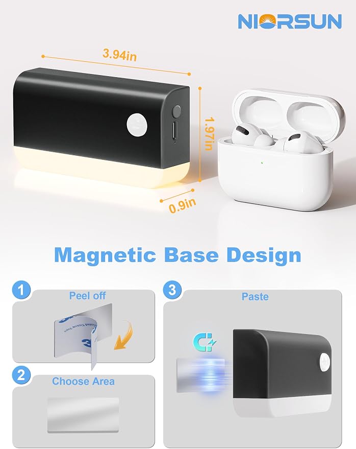 Motion Sensor Stair Lights Indoor, 3 Pack Rechargeable Wireless Step Lights with 3 Color Temperatures, 1200mAh Battery, Magnetic Base for Hallway, Closet, Bathroom, Black