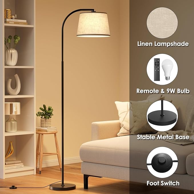 Karjoefar 64" 3 Color Dimmable Black Arc Floor Standing Lamp with Remote | Adjustable & 350°H/180°V Rotatable Linen Shade, Stepless Dimmable Lighting, 9W Bulb Included, Ideal for Bedroom & Office