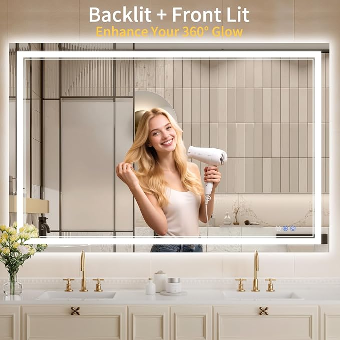 36"x55" LED Bathroom Mirror with Lights, Anti-Fog, Backlit + Front Lit, Dimmable, Led Vanity Mirror for Wall, Lighted Bathroom Mirror, 3 Colors, Shatter-Proof Tempered Glass