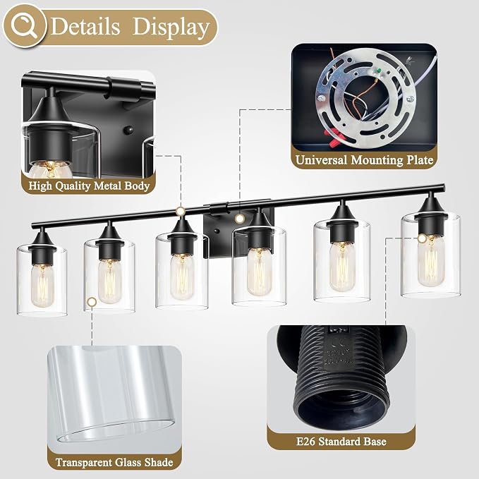 6-Light Matte Black Bathroom Light Fixtures, Over Mirror with Clear Glass Shade, Wall Light Sconce for Vanity Table, Hallway