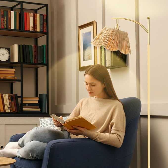 60" Floor Lamps for Living Room with 3 Color Temperatures, Gold Floor Lamp with Rattan Shade, Modern Tall Lamps for Bedroom Office, 9W LED Bulb Included