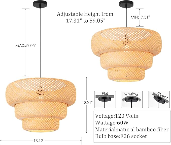 18.5" Bamboo Pendant Light,Rattan Chadelier | Hand-Woven Bamboo Rattan Chandelier Shade for Dining Living Bedroom Kitchen Farmhouse 1-Pack