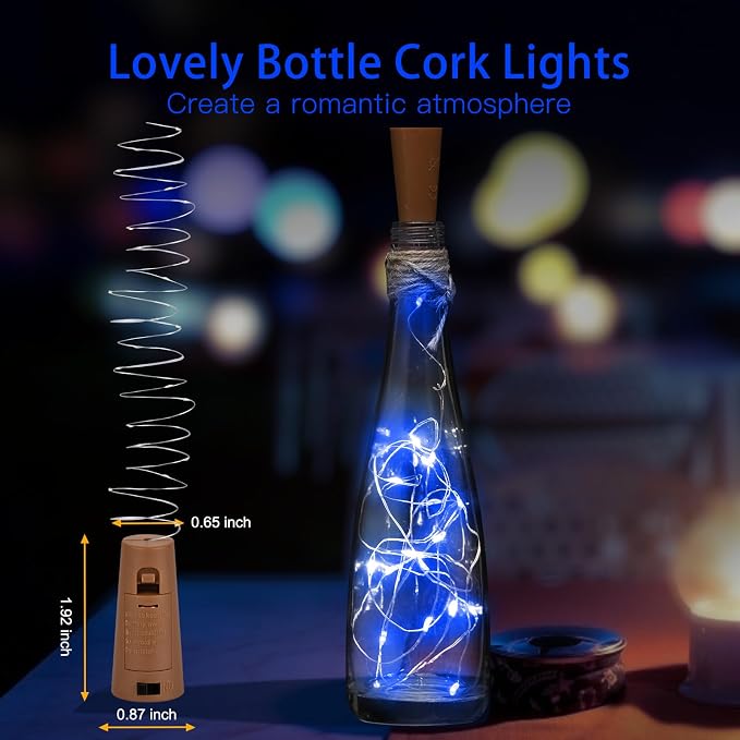 Brightown 10 Pack Wine Bottle Lights with Cork, Blue | 7ft 20 LED Battery Operated Cork Lights, Waterproof for Liquor Bottles DIY Party Holiday Wedding Décor