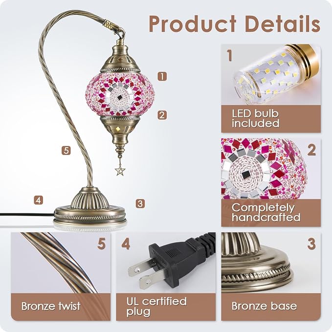 Yarra-Decor Turkish Moroccan Lamp with Bronze Base 3 Color Options Handmade Swan Neck Mosaic Glass Bedside Lamps for Bedroom (LED Bulb Included)(Red1)