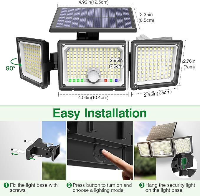Solar Outdoor Lights Motion Sensor, 3500LM 286 LED Security Flood Lights with Visual Battery & Mode Display, 3 Lighting Modes, IP65 Waterproof 3-Head Wide Angle for Garage, Yard, Patio (2 Pack)