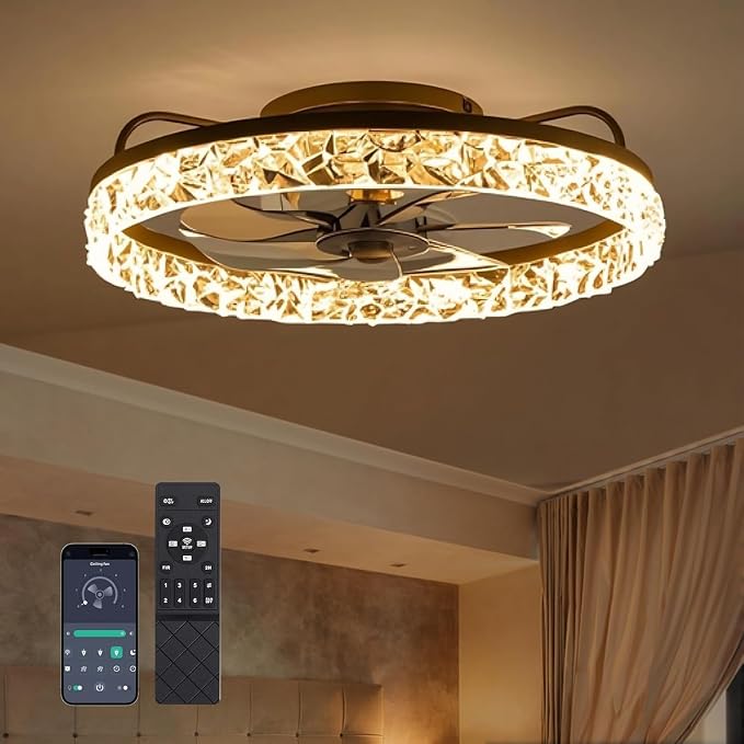 Ceiling Fans with Lights and Remote Fandelier - Low Profile Modern - 20'' Flush Mount Ceiling Fans for Bedroom,Stepless Color Temperature and 6 Speeds- Black and Crystal