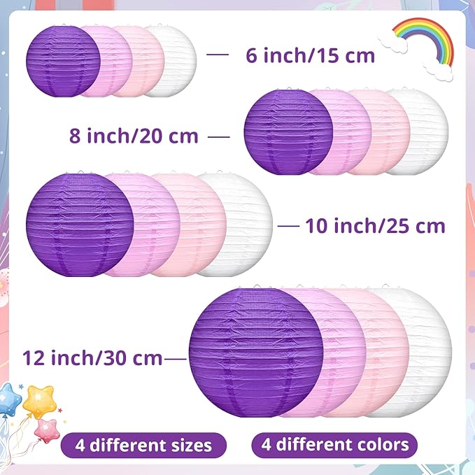 16 Pcs Paper Lanterns Hanging Round Purple Paper Lantern Decorative 6" 8” 10”12" Four Colors Chinese Lanterns for Birthday Wedding Party Decoration Baby Showers Valentine Indoor Outdoor