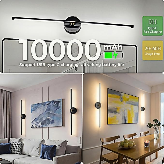 Battery Operated Wall Sconce Set of 2: 10000mAh Wireless Sconces Rechargeable Wall Lights with Touch and Remote, 360° Rotate Cordless Wall Lamp for Bedroom Living Room Hallway, 31.5 Inch, Black