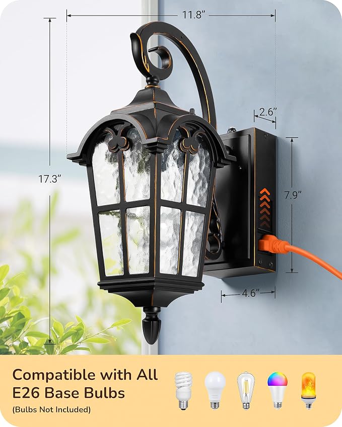EDISHINE Dusk to Dawn Outdoor Wall Lights 2-Pack GFCI Outlet Black | Water Ripple Glass, E26 Socket, Anti-Rust Aluminum & Weatherproof, Exterior Light Fixture for Front Door, Patio, Garage