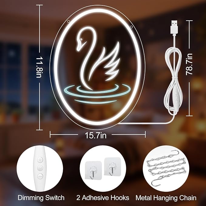 Swan Neon Sign, 3D Carved Acrylic LED Neon Light for Wall Decor, Dimmable White Swan Night Light USB Powered 5V, Aesthetic Bedroom Decor for Girls Room, Kids Room, Party Decoration, Gift 15.7" × 11.8"