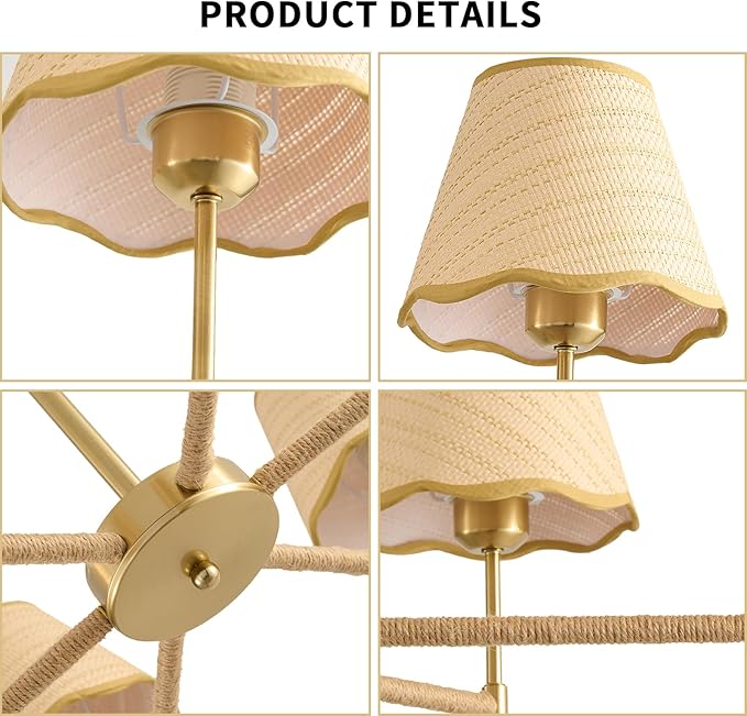 39”Inch Boho Rattan Chandelier 6-Lights Rustic Industrial, Adjustable Hand-Woven Pendant Lighting Fixtures for Dining Room, Bedroom,Living Room, UL Listed, E26Base