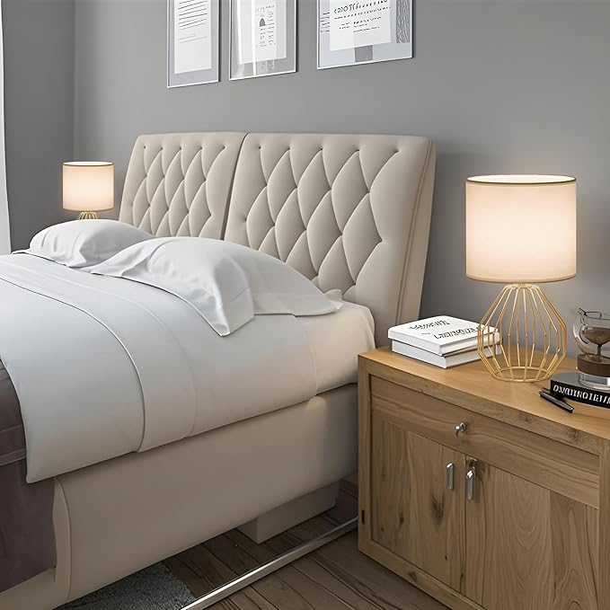 Gold Table Lamp, Small Bedside Nightstand Lamps with White Fabric Shade, Metal Base and ON/Off Switch Desk lamp, Modern Geometric Lamp for Bedrooms Living Room Office Foyer Kids Room