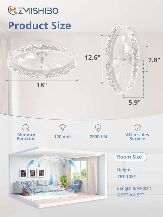 ZMISHIBO Ceiling Fans with Lights and Remote, 18 Inch Flush Mount Fan Light, 6 Speeds, 3CCT, Dimmable, Low Profile Ceiling Fan, Modern Ceiling Fan with Light for Bedroom and Living Room, White | 3CCT Dimmable LED, DC Motor, Bladeless, Reversible Blade,...