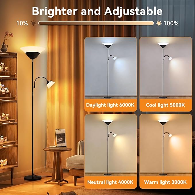 2-in-1 Torchiere Floor Lamp, 34W Super Bright LED Standing Lamp with Remote & Touch Control, 72" Dimmable Adjustable Corner Reading Lamp for Living Room, Bedroom, Office, Black
