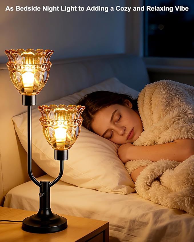 Lightdot Mid Century Modern Glass Table Lamp Black Dimmable Desk Lamps with Brown Glass Shade& 2Pcs 3000K Warmwhite Bulbs Included U-Shaped Bedside Nightstand Lamp for Living Room Bedroom