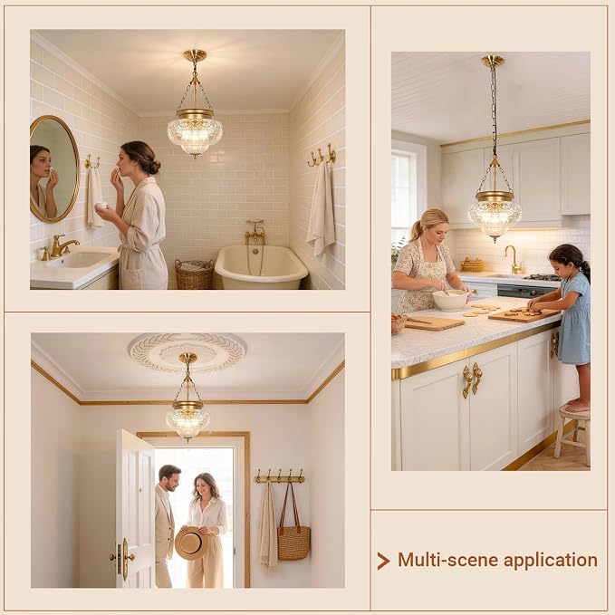 3-Light Brushed Antique Brass Pendant Light Fixtures with 12In Unique Thickened Glass, Vintage Pendant Lights Kitchen Island with Adjustable Chain, Hanging Light Fixtures for Entryway, E26*3
