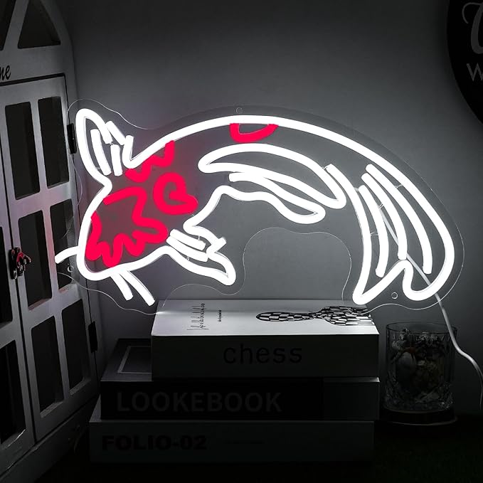 Koi Fish Neon Sign for Wall Decor Koi Carp Neon Light Japanese Fish Led Neon Signs White Red LED Neon Lights Lucky Sign 16.7”x9.3” for Bedroom Hotel Store Decoration