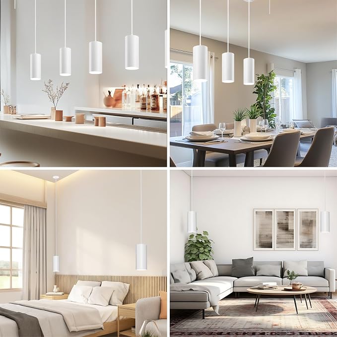 4" Pendant Lights Kitchen Island, 25W Cylinder Hanging Lights with Dipswitch, Modern Eye Care Led Pendant Lamp fixtures for Bedroom, Living Room, Office (White, 2 Pcs)