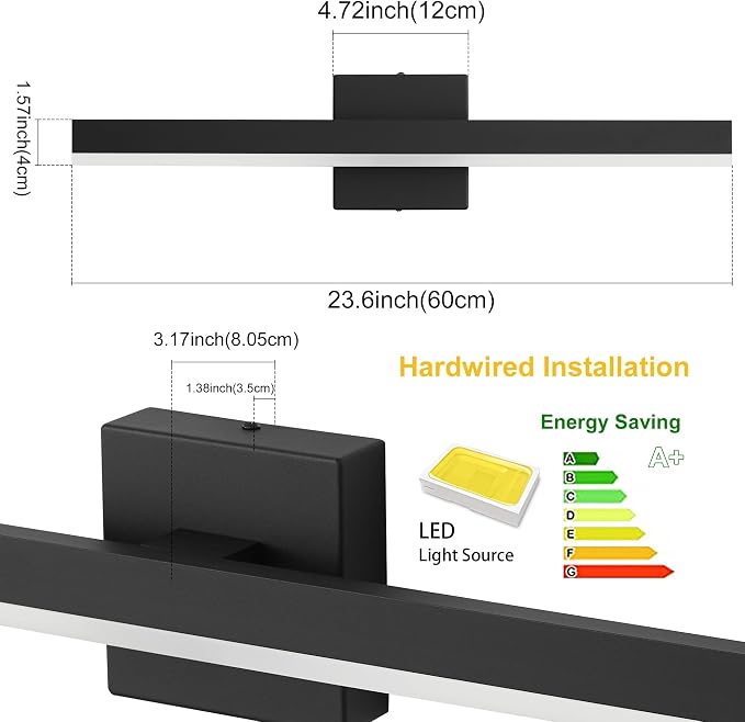 Black Bathroom Vanity Light Fixture 23.6'' 20W Dimmable 5CCT LED Hardwired | Bathroom Light Fixture Over Mirror, Bathroom Wall Sconce, Rust-resistant, ETL Certificated, 2700K/3000K/3500K/4000K/5000K