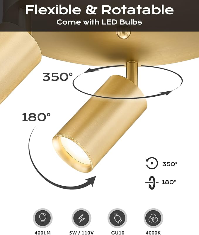 FEMILA 3 Light Track Lighting Fixtures Ceiling, Brushed Gold LED Track Light with 3000K Bulbs, Track Lights Ceiling Mount for Kitchen, Hallway, Gallery, 4FS84F-3 BG