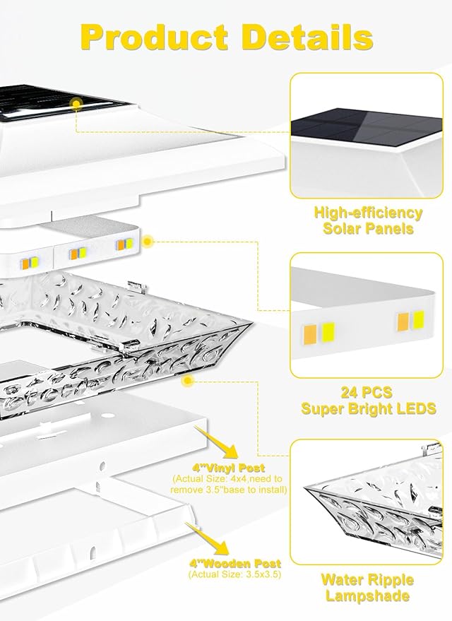 T-SUN 4x4 Post Cap Lights 12 Pack for Vinyl/Wooden Fence Auto Dusk to Dawn Outdoor Waterproof Warm & Cool White Solar Powered Deck/Patio Lighting