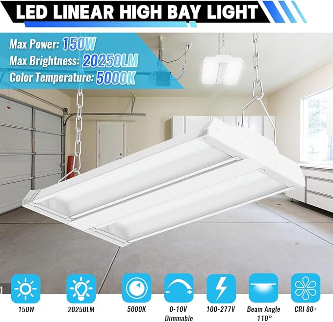 Allsmartlife LED Linear High Bay Light 2-Pack, 150W 20250LM 0-10V Dimmable 5000K Daylight, Adjustable Tilt Hanging LED High Bay Shop Lighting Fixtures for Garage Warehouse Workshop, ETL