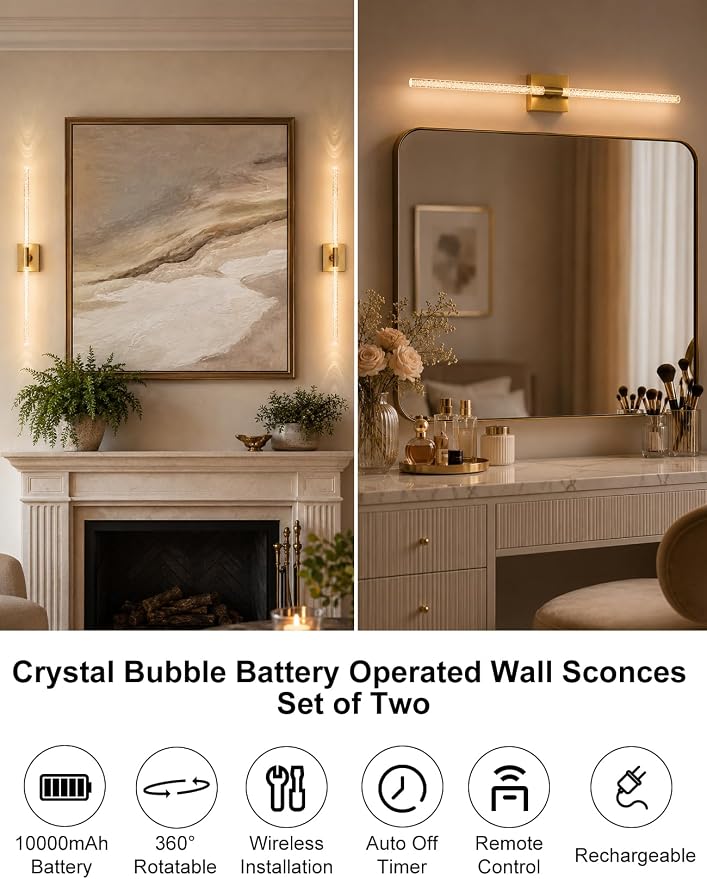 Rechargeable Wall Sconces Set of 2, Gold Crystal Bubble Wireless Wall Light | 10000mAh, Remote Control, 3000K-6000K Dimmable, 360° Adjustable, Ambient Lighting for Living Room, Bedroom, Picture, Bathroom