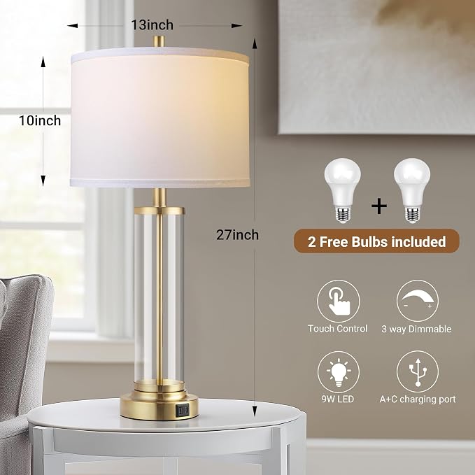 QiMH Lamps for Bedrooms Set of 2, Touch Control Table Lamps with USB A+C Ports, 3-Way Dimmable Bedside Lamp with Fabric Lampshade, Modern Nightstand Lamp for Living Room Bedroom (LED Bulbs Included) | 2 Dimmable LED Bulbs, USB A+C Charging Ports, Moder...